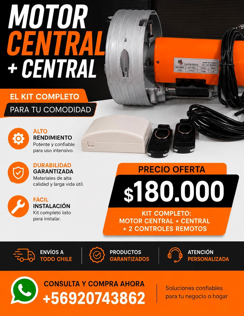 Flyer promocional Motor Central FB180E, kit completo $180.000
